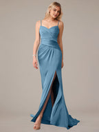 Steel Blue Sheath/Column Satin Spaghetti Straps Sleeveless Floor Length Dresses