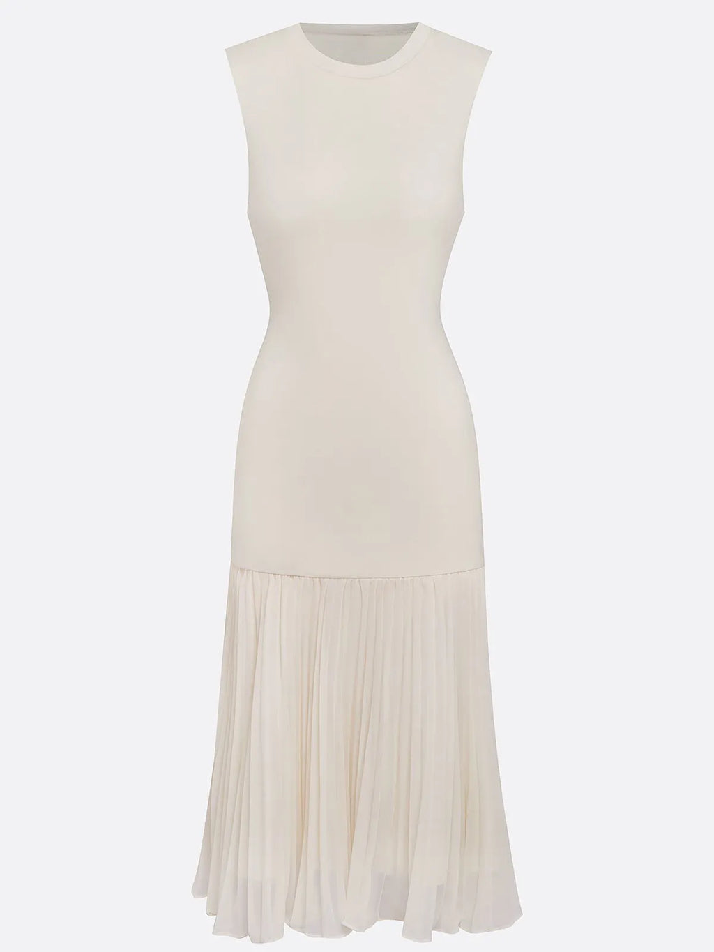 Beiges, plissiertes Strickkleid mit Rundhalsausschnitt, ärmellos, A-Linie, Midi-Jerseykleid