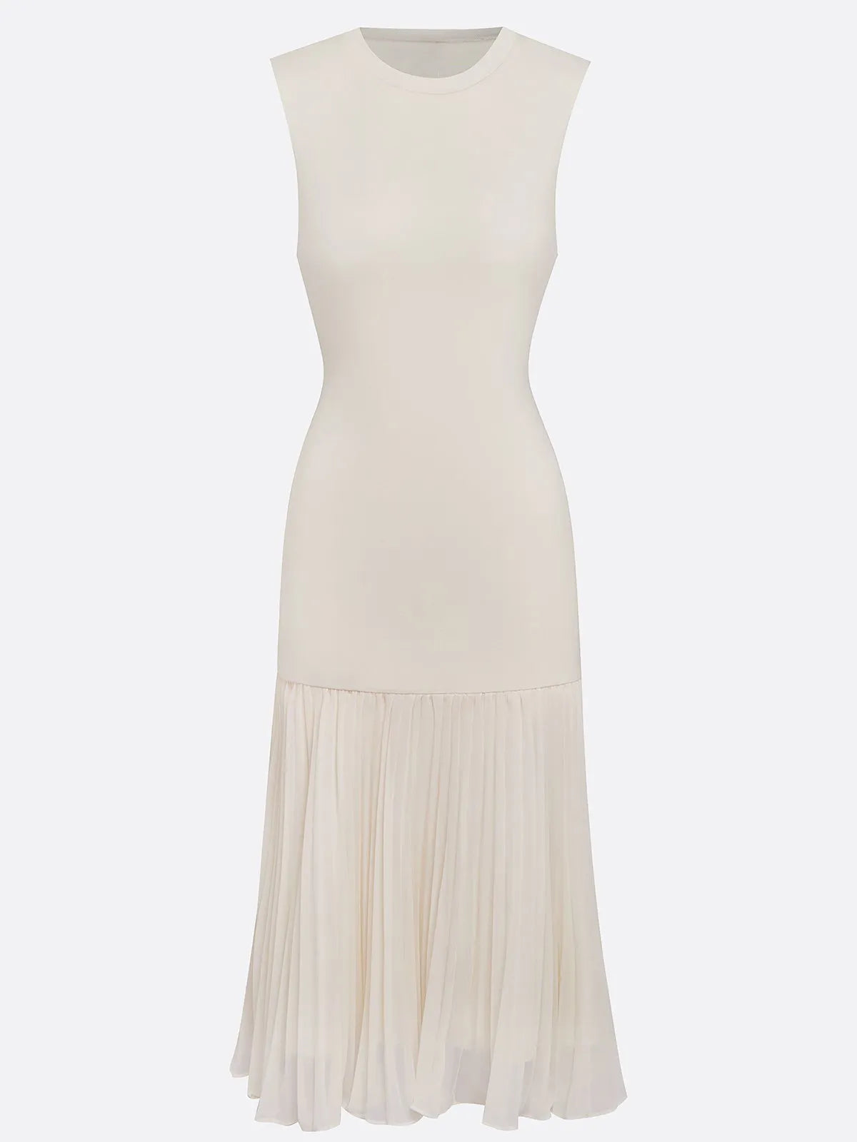 Beiges, plissiertes Strickkleid mit Rundhalsausschnitt, ärmellos, A-Linie, Midi-Jerseykleid