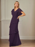 A Line V Neck Flutter Sleeve Floor Length Chiffon Mother of the Bride Dress