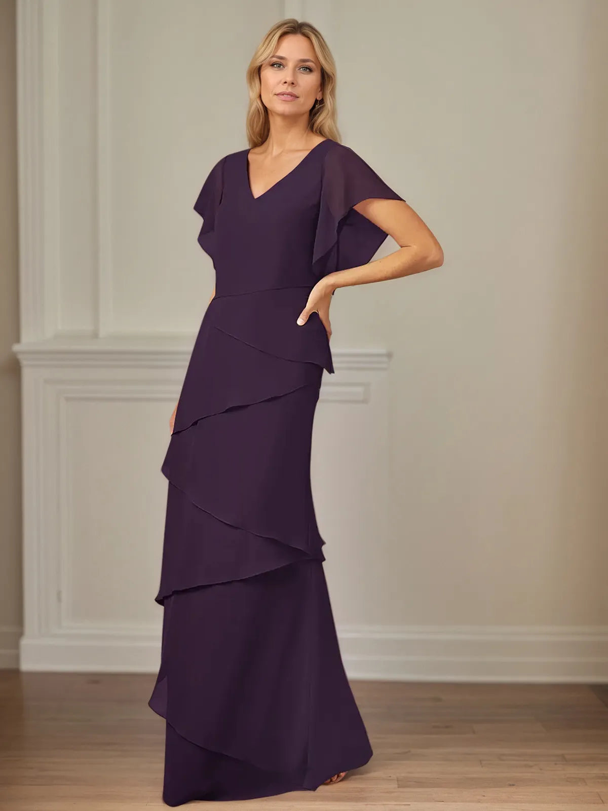 A Line V Neck Flutter Sleeve Floor Length Chiffon Mother of the Bride Dress