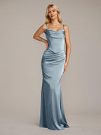 Dusty Blue Sheath/Column Satin Off The Shoulder Sleeveless Floor Length Dress
