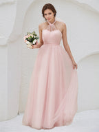 Pink Tulle A Line Halter Neck Sleeveless Floor Length Bridesmaid Dress