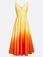 Abito midi arancione ombré classico a linea A con scollo a V e senza maniche