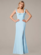 Sheath/Column Chiffon Off The Shoulder Sleeveless Floor Length Dresses With Ruffles