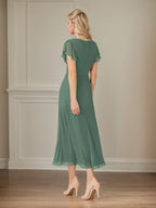 Grünes A-Linien Chiffon V-Ausschnitt kurzärmliges Tee-Länge Mutter-des-Braut-Kleid