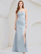 Ice Blue Satin A Line Spaghetti Straps Sleeveless Floor Length Bridesmaid Dress