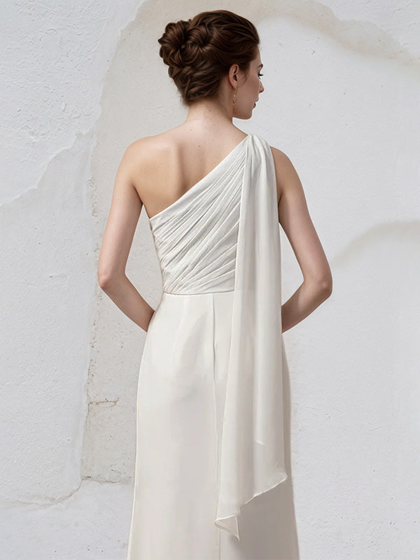 Abito da damigella avorio in chiffon, modello a colonna, monospalla, senza maniche, lungo fino a terra