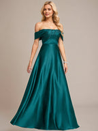 Peacock A-Line Off the Shoulder Floor-Length Satin Bridesmaid Dress