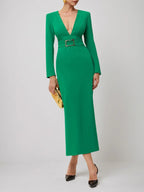 Green Deep V Neck Long Sleeve Sheath Maxi Dress