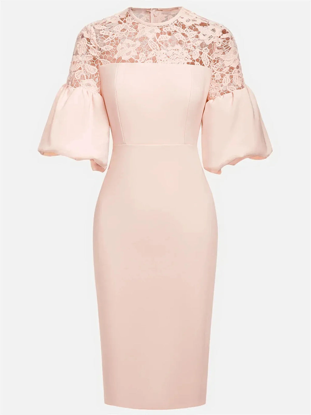Vestido midi ajustado rosa con encaje, cuello redondo clásico, manga corta y manga globo