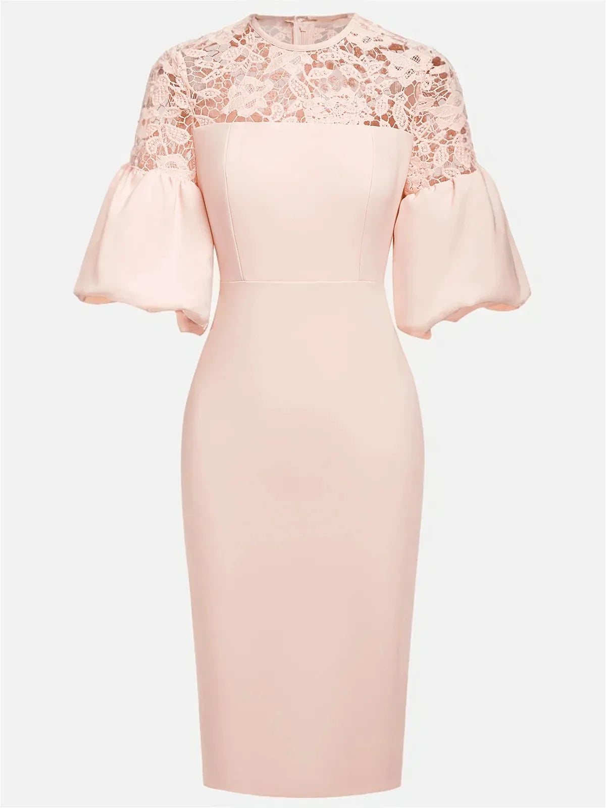 Vestido midi ajustado rosa con encaje, cuello redondo clásico, manga corta y manga globo