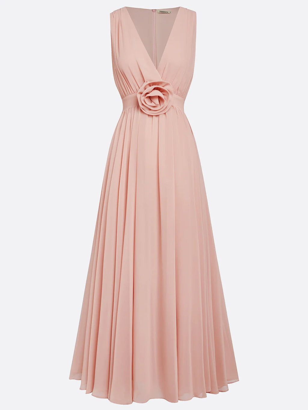 Rosa A-Linien Chiffon V-Ausschnitt ärmelloses bodenlanges Kleid mit 3D-Blumen