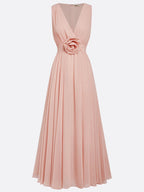 Rosa A-Linien Chiffon V-Ausschnitt ärmelloses bodenlanges Kleid mit 3D-Blumen