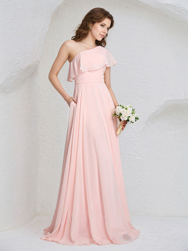 Vestido de Dama de Honra Longo em Chiffon Rosa, Sem Mangas, com Um Ombro Só e Babados