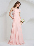 Vestido de Dama de Honra Longo em Chiffon Rosa, Sem Mangas, com Um Ombro Só e Babados