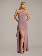 Robe fourreau/colonne en mousseline au décolleté bardot sans manches et longueur au sol couleur crépuscule