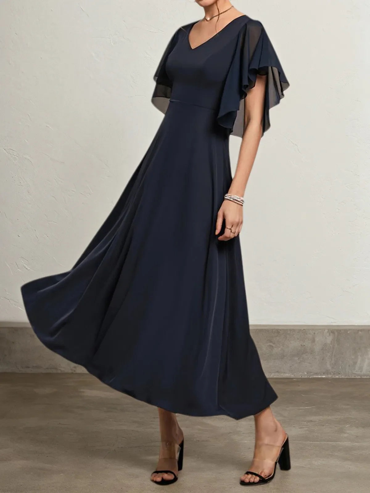 Purplish blue Chiffon V Neck Short Sleeve Bell Sleeve A-Line Midi Dress