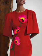 Red Embroidery Floral Half Sleeve Sheath Midi Dress