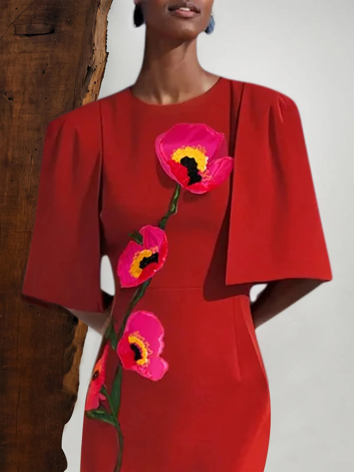 Red Embroidery Floral Half Sleeve Sheath Midi Dress