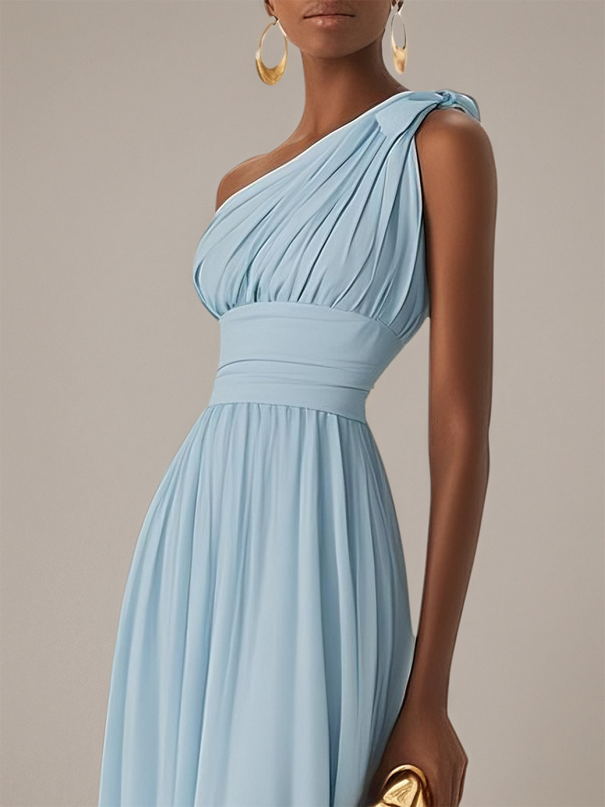 Vestidos azuis de chiffon corte evasê, um ombro, sem mangas e comprimento até o tornozelo