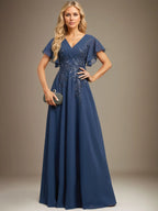 A Line V Neck Floor Length Lace Chiffon Evening Dress With Pleated Sequins