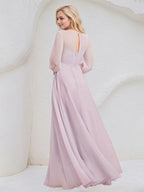Candy Pink A Line Round Neck Long Sleeves Floor Length Chiffon Bridesmaid Dress