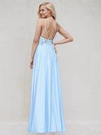 Sky Blue Satin Spaghetti Straps Sleeveless Floor Length Bridesmaid Dress With Beadings