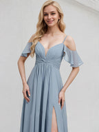 Dusty Blue Chiffon A Line Spaghetti Straps Floor Length Bridesmaid Dress With Ruffle