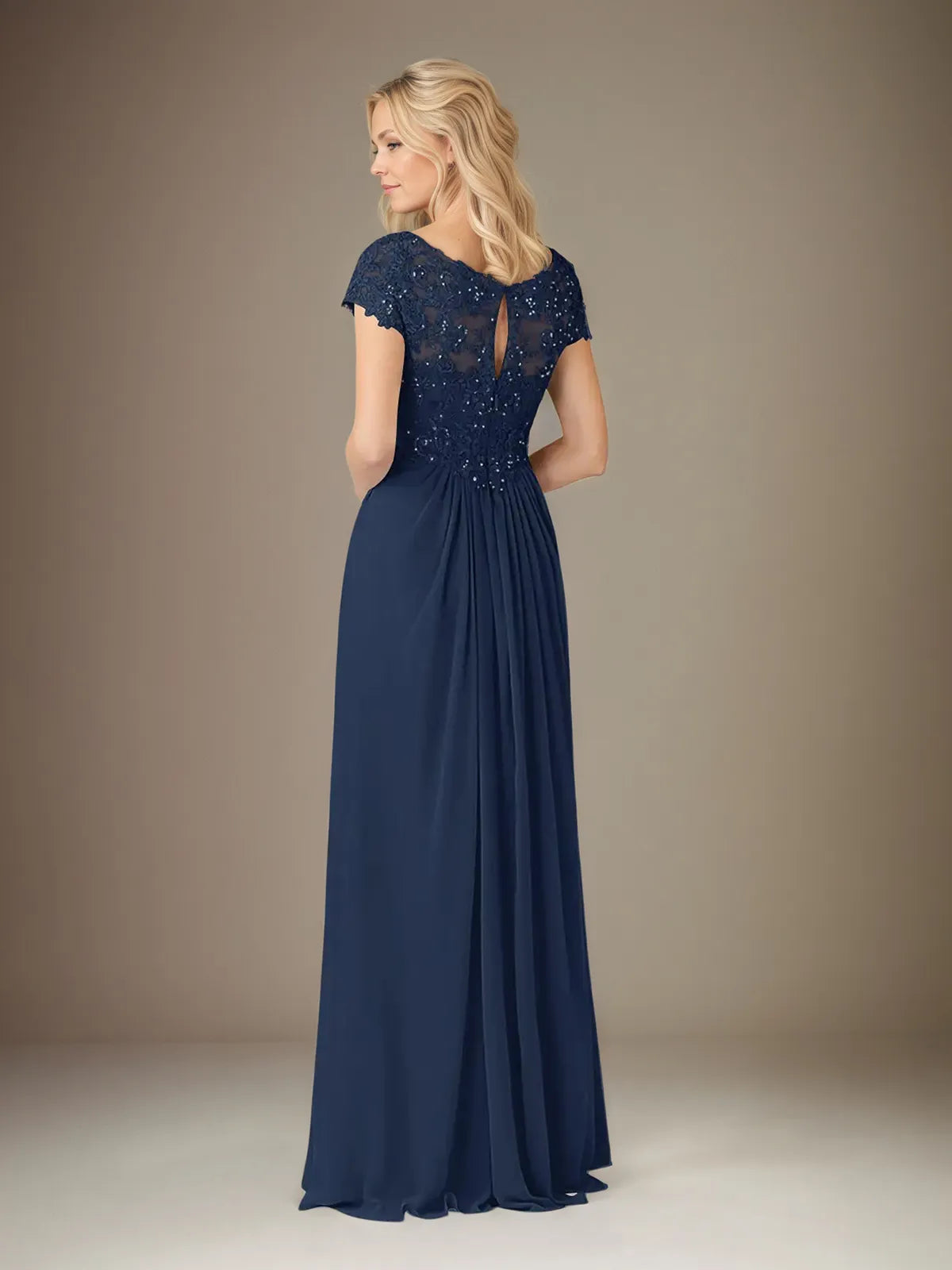 A Line Chiffon V Neck Short Sleeves Floor Length Pleated Mother of the Bride Dresses With Sequins