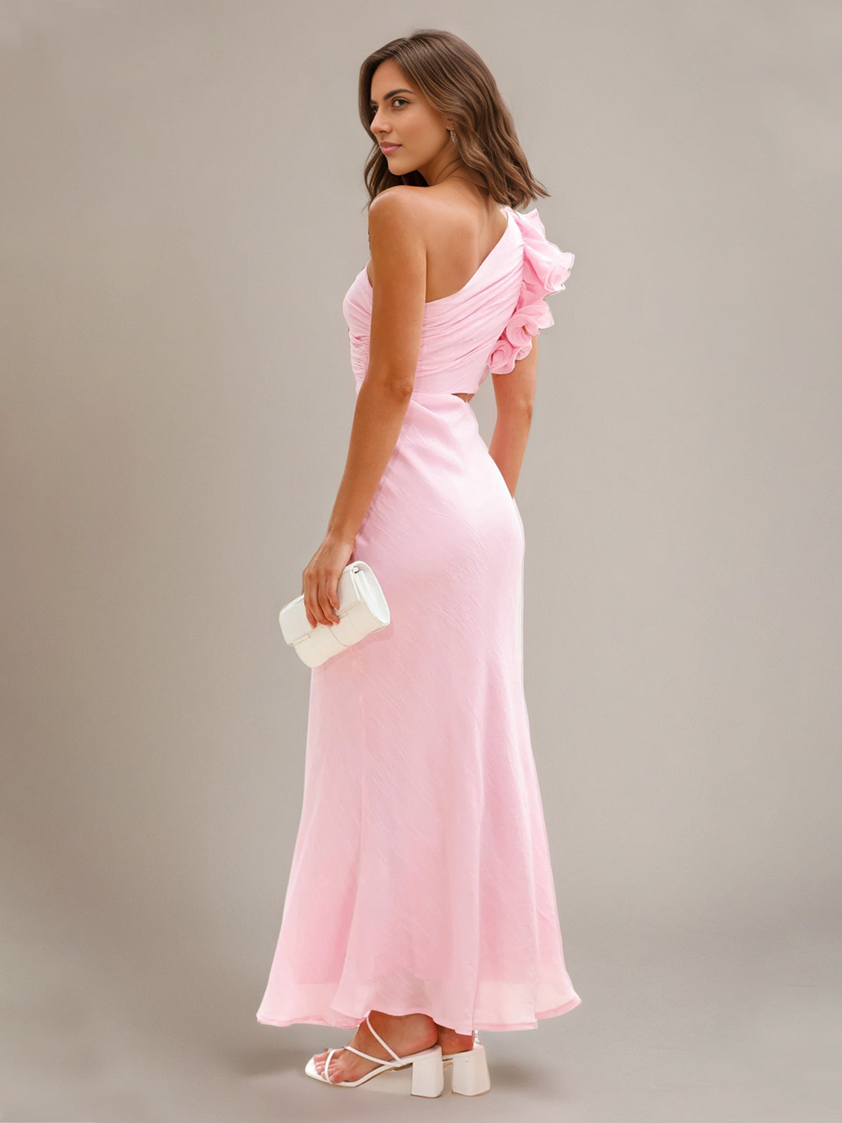 Soft Pink Chiffon Sheath/Column One Shoulder Ankle Length Bridesmaid D – DUNALI