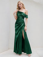 Dark Green Satin A Line One Shoulder Floor Length Bridesmaid Dress