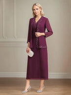 Etui/Column Chiffon V-Ausschnitt 3/4 Ärmel Tea-Length Kleid für die Mutter der Braut