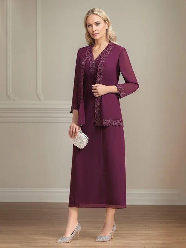 Etui/Column Chiffon V-Ausschnitt 3/4 Ärmel Tea-Length Kleid für die Mutter der Braut