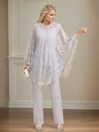 Conjunto de Calça para Mãe da Noiva em Chiffon com Decote V, Sem Mangas, Comprimento Longo e Aplicações