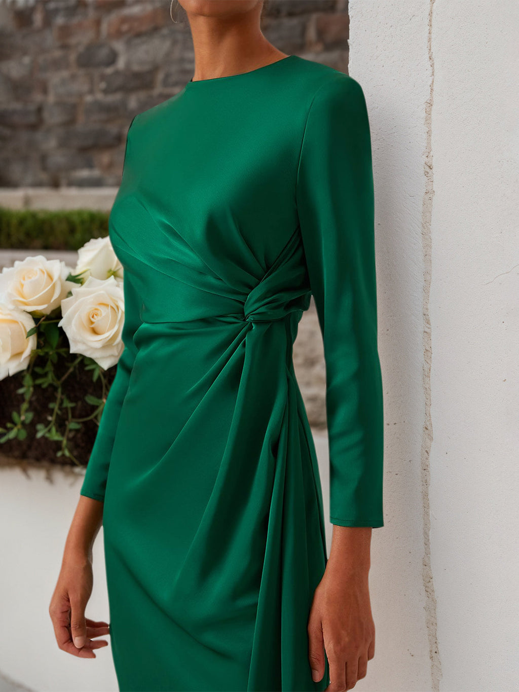 Green Satin Long Sleeve Sheath Midi Dress