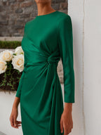 Green Satin Long Sleeve Sheath Midi Dress