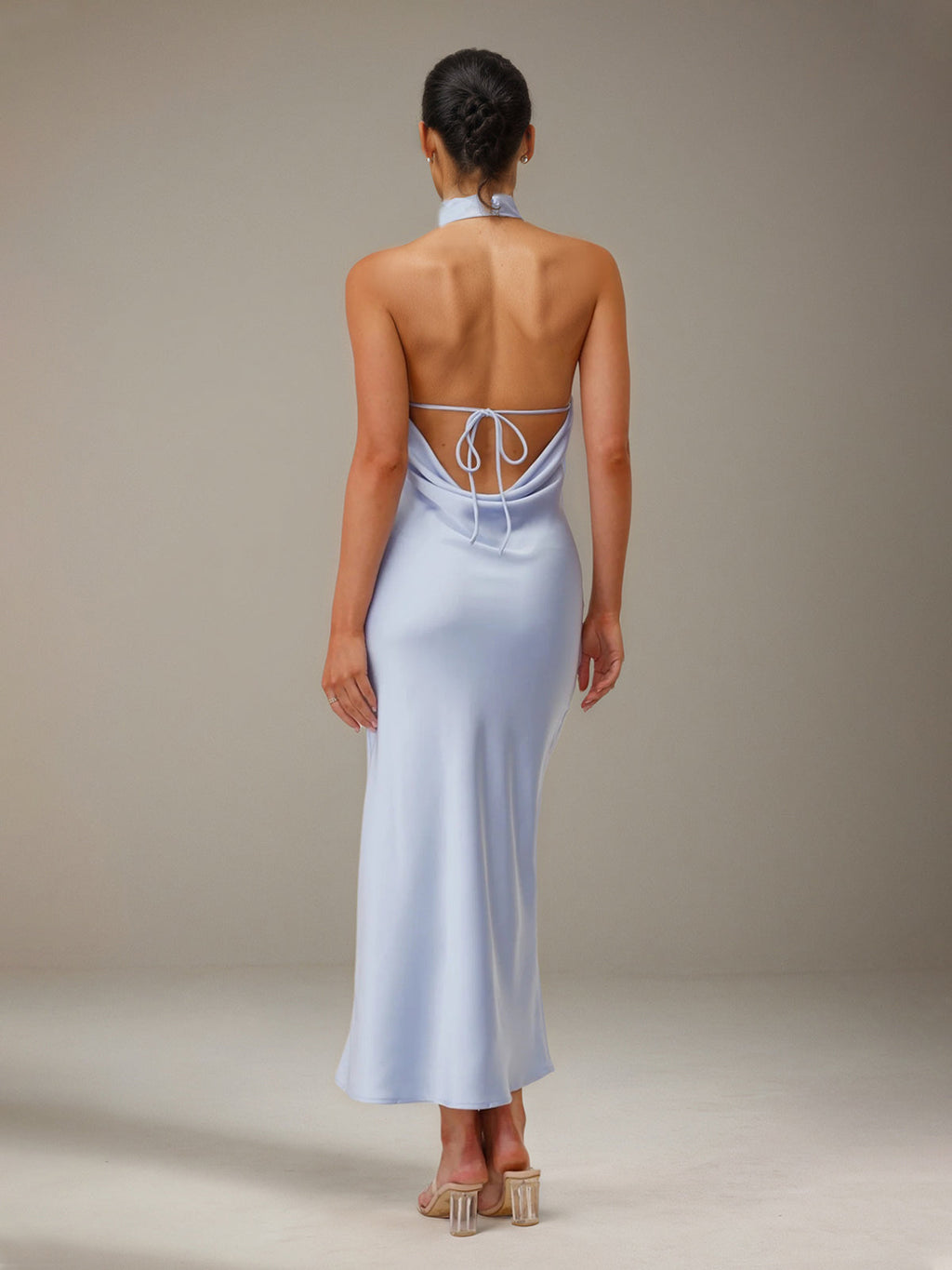 Vestidos de Dama de Honra em Cetim Azul, Modelo Tubinho/Coluna, Decote Alto, Comprimento Tornozelo