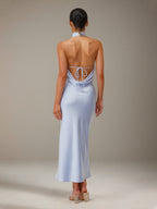 Vestidos de Dama de Honra em Cetim Azul, Modelo Tubinho/Coluna, Decote Alto, Comprimento Tornozelo