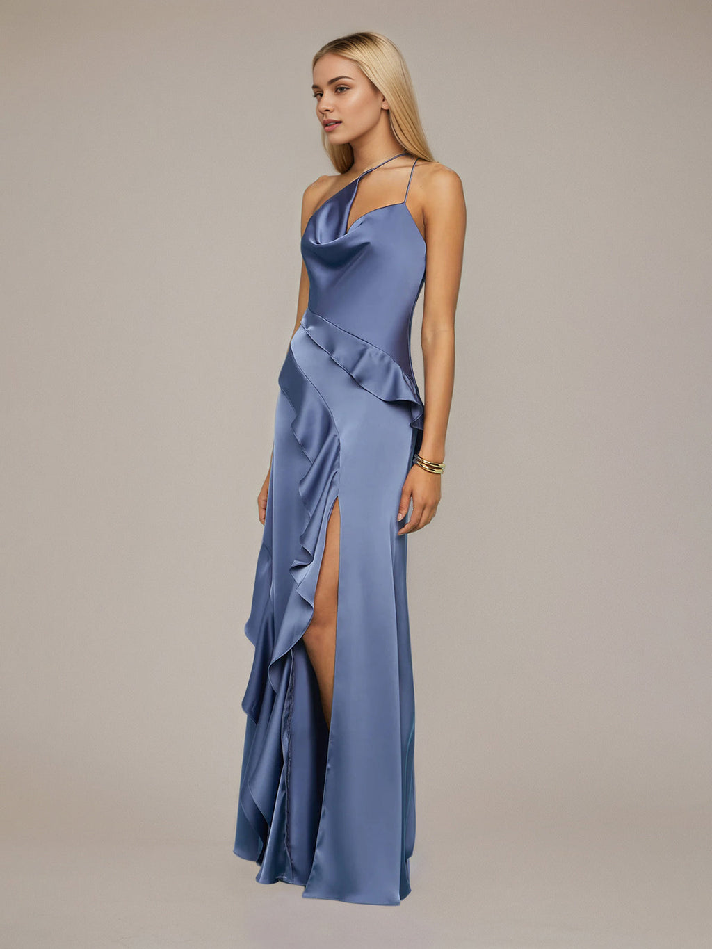Schieferblaues Etuikleid/Säulenkleid aus Satin, asymmetrisch, ärmellos, bodenlang mit Rüschen