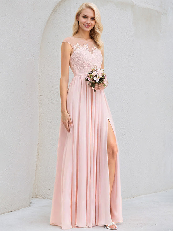 Abito da damigella rosa tenue a linea A con scollo rotondo, pizzo e chiffon lungo fino a terra