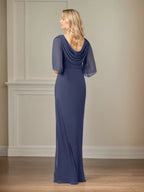 Sheath/Column Boat Neck 1/2 Sleeve Floor Length Chiffon Dress With Beadings