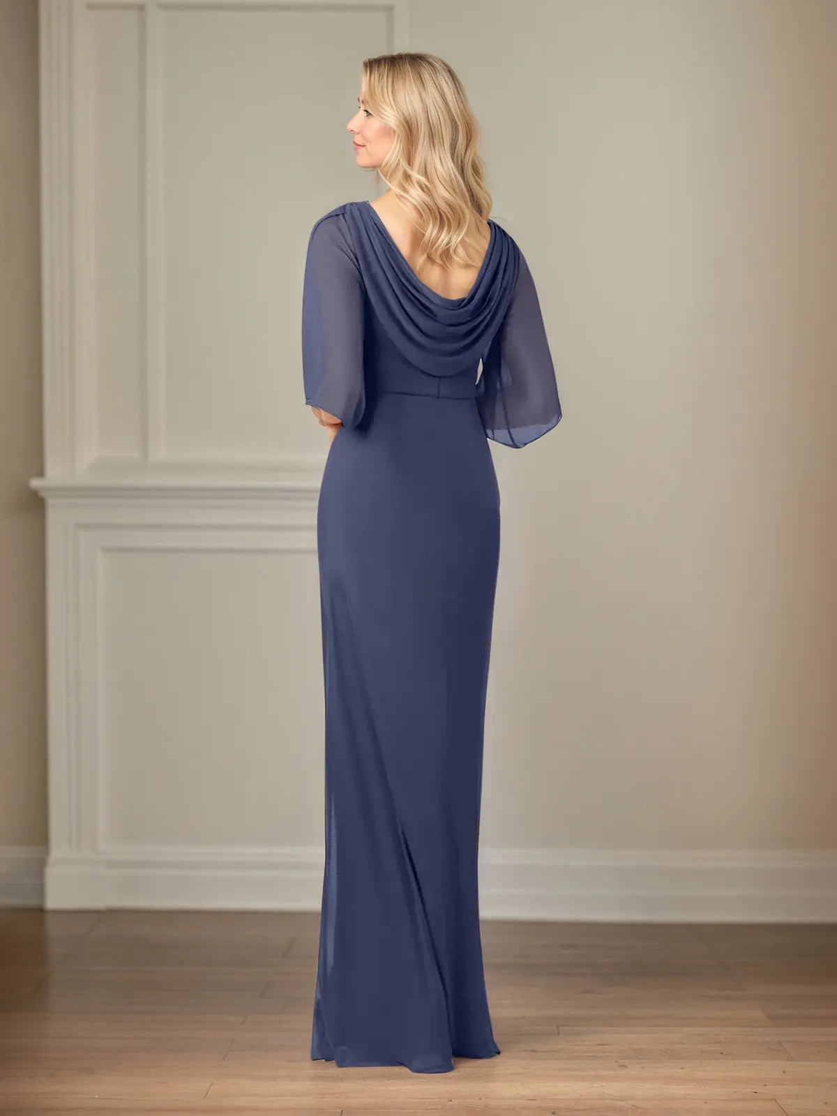 Sheath/Column Boat Neck 1/2 Sleeve Floor Length Chiffon Dress With Beadings