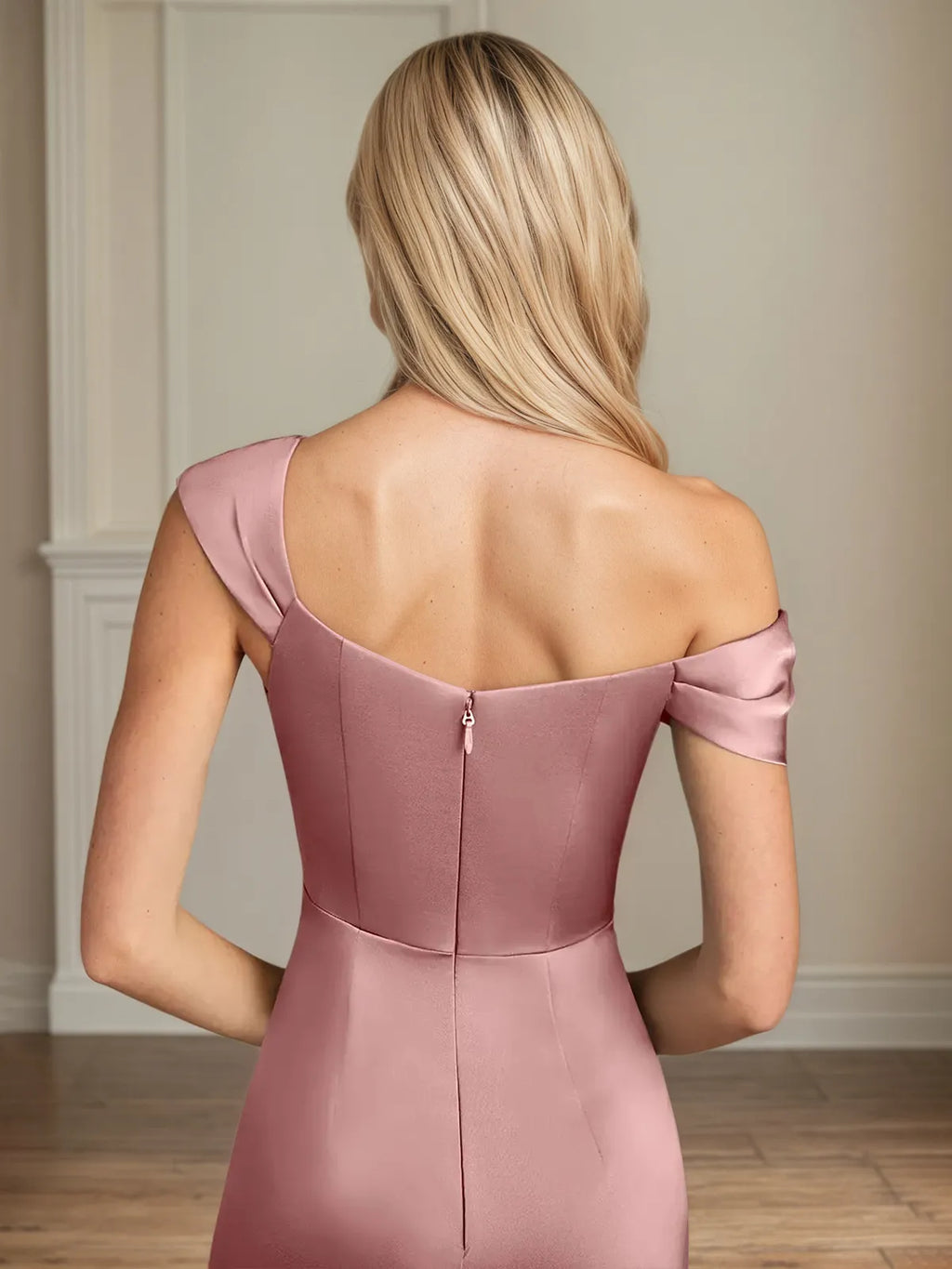 Etui/Säulen Ein-Schulter bodenlanges Satin Kleid mit Plisseefalten