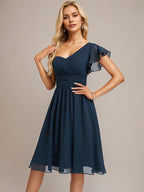 Dark Navy A-Line One Shoulder Knee-Length Chiffon Bridesmaid Dress With Ruffle