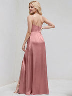 Mauve Satin A Line Spaghetti Straps Sleeveless Floor Length Bridesmaid Dress
