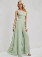 Tuta in chiffon celadon a linea ad A con scollo a V, senza maniche, lunga fino al pavimento, da damigella