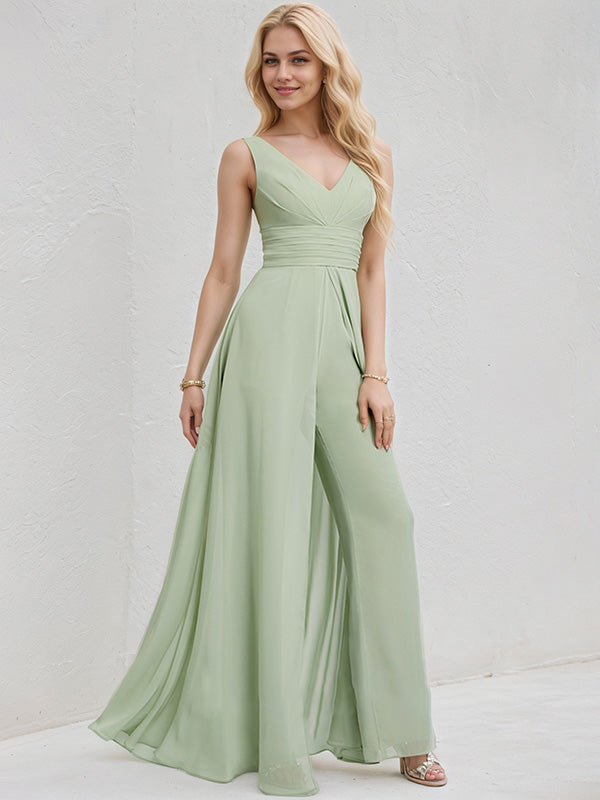 Tuta in chiffon celadon a linea ad A con scollo a V, senza maniche, lunga fino al pavimento, da damigella