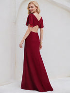 Burgundy Chiffon A Line V Neck Short Sleeves Floor Length Bridesmaid Dress With Ruffle