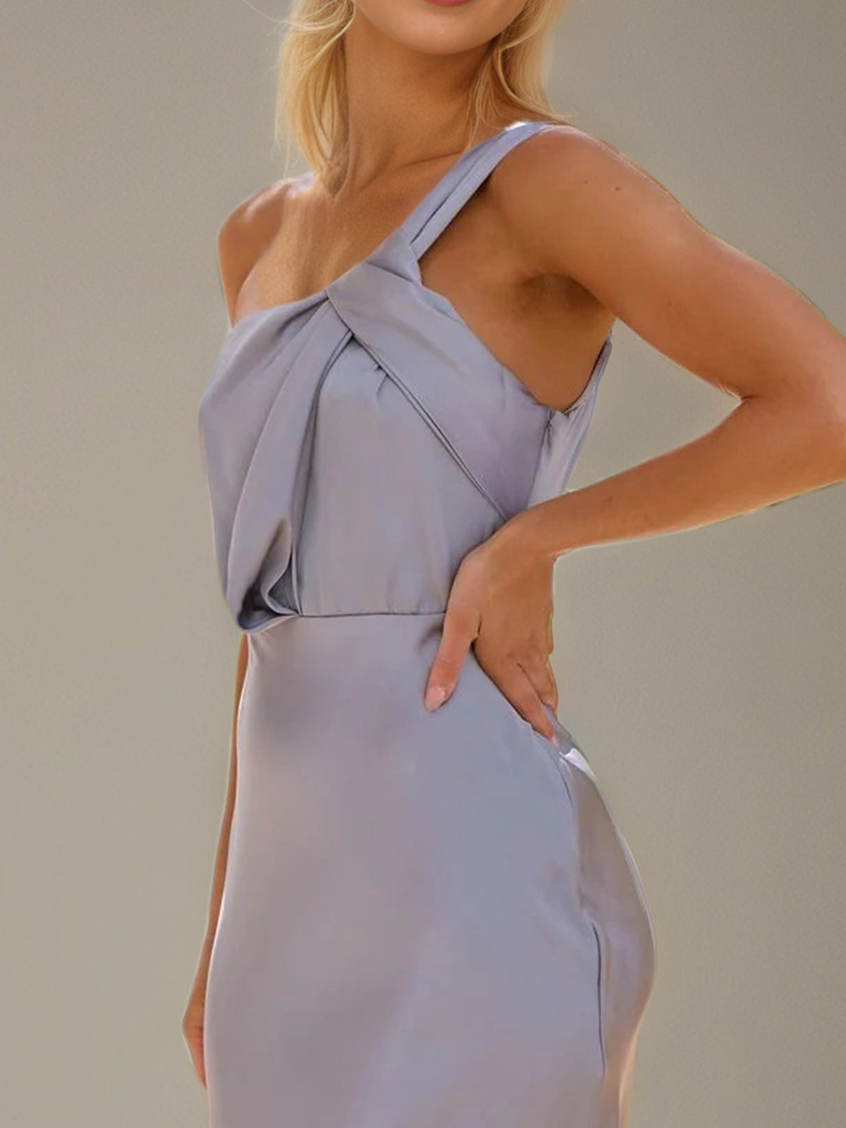 Robe demoiselle d'honneur bleu acier en satin, coupe fourreau/colonne, à une épaule, longueur cheville